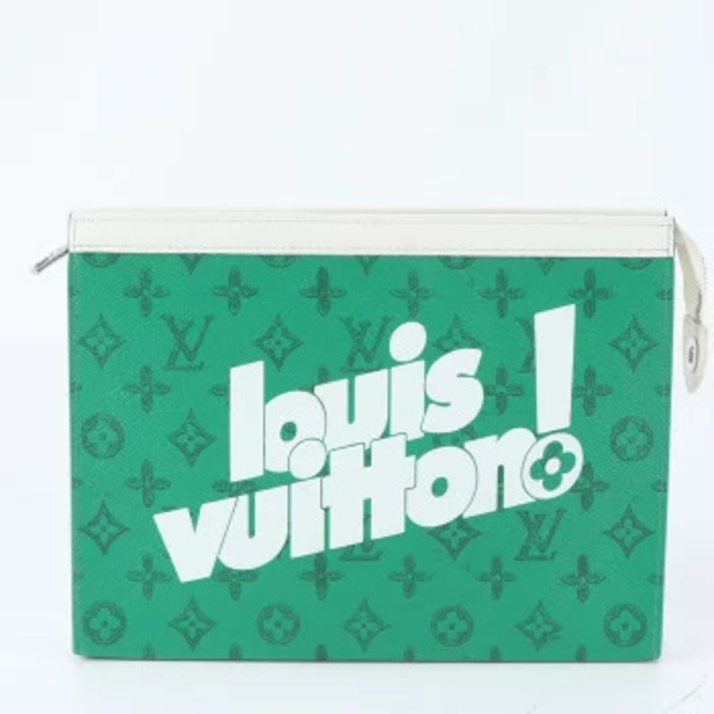 Louis Vuitton LV Pochette Voyage Leather Clutch Bag Protection Green